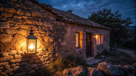 Old stone house in the mountains at night, with a lantern.の素材