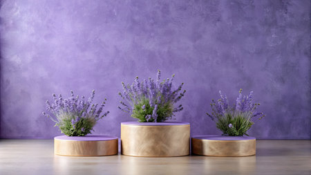 Three wooden podiums with lavender flowers in front of a purple wallの素材