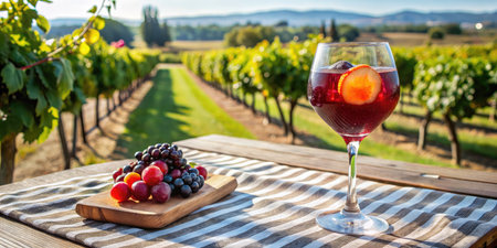 Glass of red wine and grapes in vineyardの素材