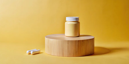 Mockup of a cosmetic jar on a wooden podium on a yellow backgroundの素材