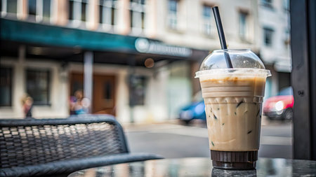 Iced coffee in plastic glass on table in cafeの素材