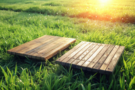 Wooden table and chair on green grass field with sunlight background.の素材