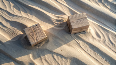 Wooden blocks on the sand. The concept of relaxation and recreation.の素材