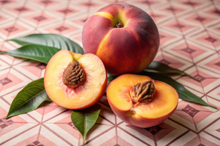 Fresh peaches with green leaves on a red and white background.の素材
