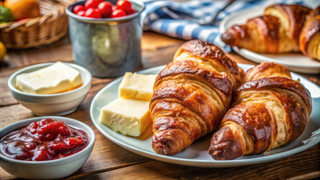 Breakfast with croissants, jam and butter on wooden tableの素材