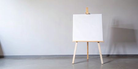 Blank canvas on easel with white wall backgroundの素材
