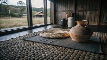 Jugs and jugs on a bamboo mat in a cozy room.の素材