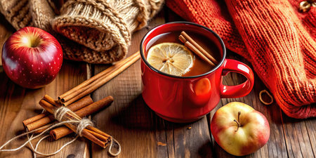 Cup of hot mulled wine with cinnamon and lemon on wooden tableの素材
