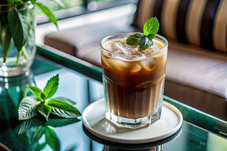 Iced coffee with ice cubes in glass on table, stock photoの素材