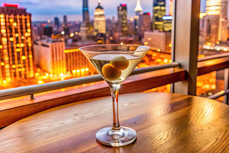 Glass of martini cocktail on wooden table with city view backgroundの素材