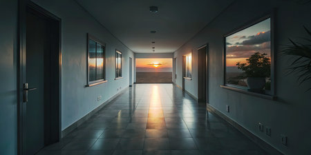 Sunset in hotel corridorの素材
