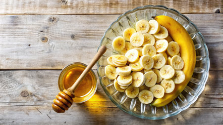 Banana slices with honey on a wooden background. Top view.の素材