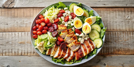 Caesar salad with grilled chicken breast, tomatoes, cucumber and boiled eggの素材