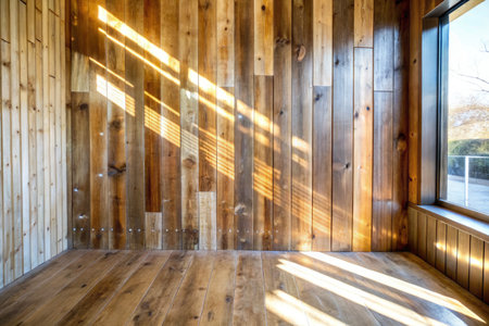 interior of modern house, wooden wall, sunlight through the windowの素材
