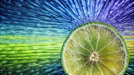 Lime slice in the water with blue and green light rays.の素材