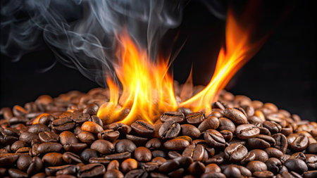 Roasted Coffee Beans with Flames and Smoke on Dark Background, Hot Aroma and Energy Conceptの素材