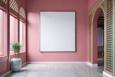 Interior of modern living room with pink walls, tiled floor and white mock up poster.の素材