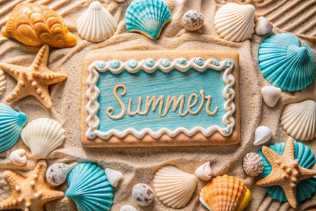 Summer lettering with seashells and starfish on sand backgroundの素材