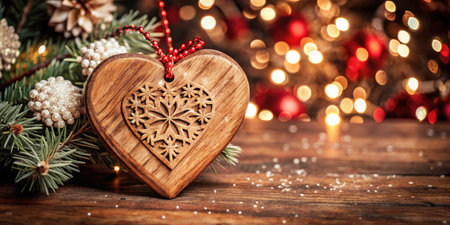 Christmas decoration on wooden background with bokeh lights and copy spaceの素材