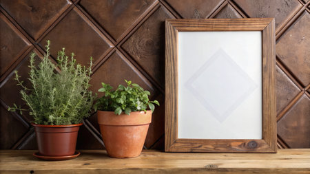 Photo frame mockup with herbs in flowerpot on wooden table.の素材