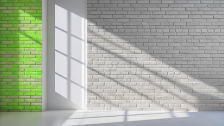 White brick wall and window with sunlight.の素材
