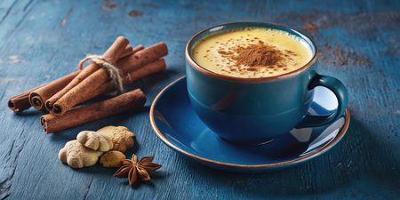 Cup of coffee with cinnamon and ginger on blue wooden background.の素材