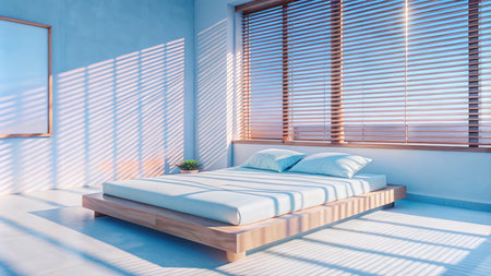 Luxury bedroom interior with blue blinds and sunlight.の素材