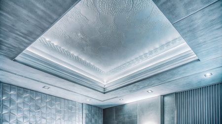 interior of modern luxury hotel room with ceiling light and skylightの素材