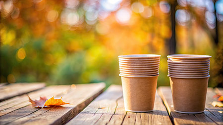 Two paper coffee cups on a wooden table in the autumn park.の素材