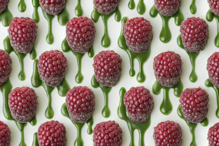 Seamless pattern of raspberries and green sauce on white backgroundの素材