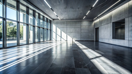 Empty interior of modern office building with windows and parquet floor.の素材