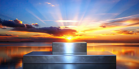 Sunset over the sea with a podium on the foregroundの素材