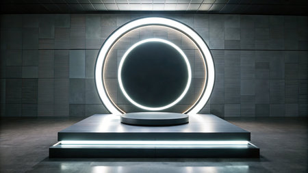 a round podium in a modern interior with neon lightsの素材