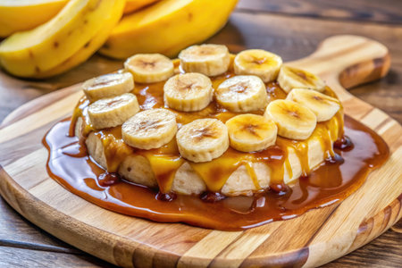 Banana pudding with caramel sauce and bananas on a wooden board.の素材