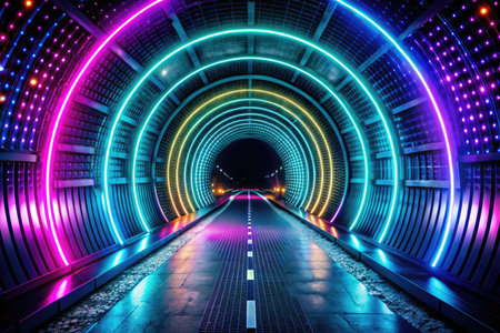 abstract tunnel with neon lights.の素材