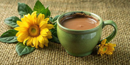 Cup of hot chocolate with milk and sunflower on sackcloth backgroundの素材