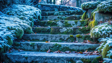 Old stone stairs in the park covered with snow and fallen leaves.の素材
