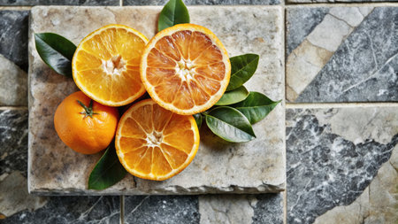 Fresh oranges with leaves on stone table, top view. Space for textの素材
