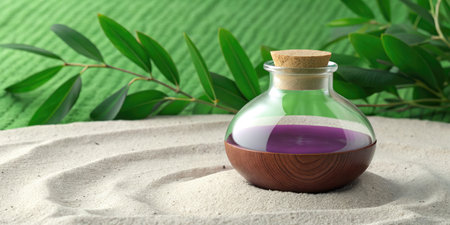 Bottle with aromatic oil on sand, closeup. Spa treatmentの素材