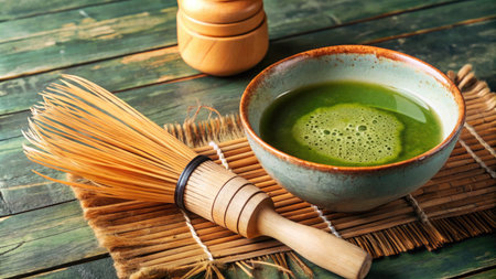 Green matcha tea in bowl and whisk on wooden table, closeupの素材