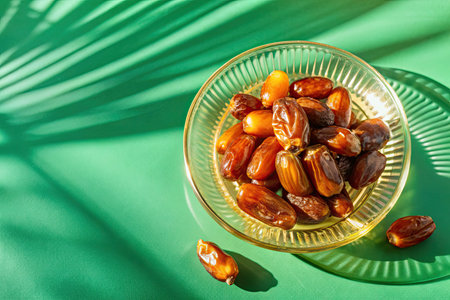 Dates fruit in a glass bowl on a green background with palm leavesの素材