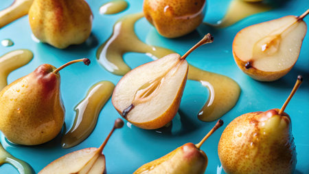 Ripe pears on a blue plate with sweet condensed milk.の素材