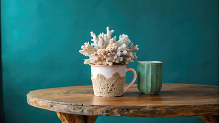 Coral in a pot on a wooden table with a turquoise backgroundの素材