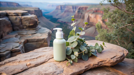 Bottle of cosmetic product with eucalyptus leaves on the rock.の素材