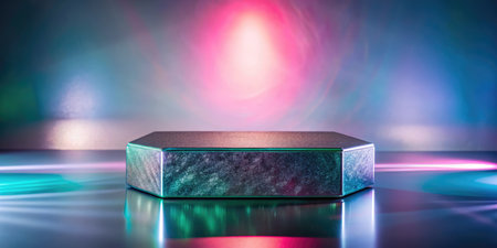 a podium on a dark background with colorful lights.の素材