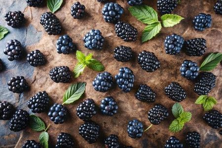 Fresh blackberries with mint leaves on rustic background, top viewの素材