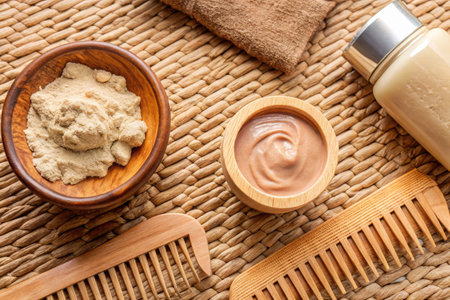 Spa still life with natural ingredients for hair care on wooden backgroundの素材