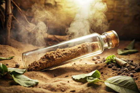 Spices and herbs in a glass bottle on sand with copy spaceの素材