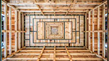 Interior of a new wooden house. Wooden walls, ceiling and floor.の素材