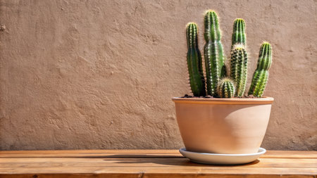 Cactus in a pot on a wooden table against a brown wallの素材